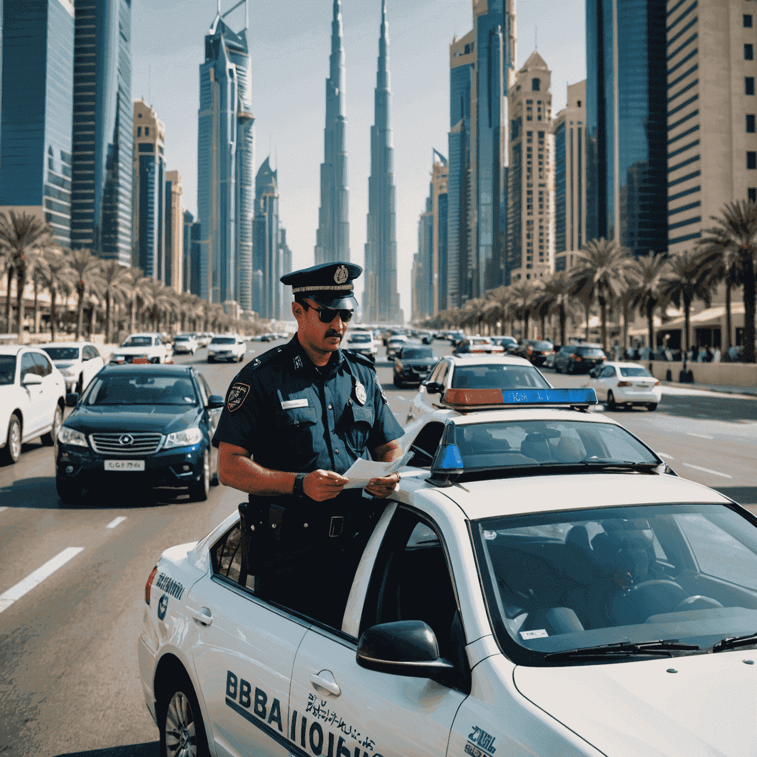 Traffic police officer issuing a fine to a driver in Dubai, with iconic skyline in the background