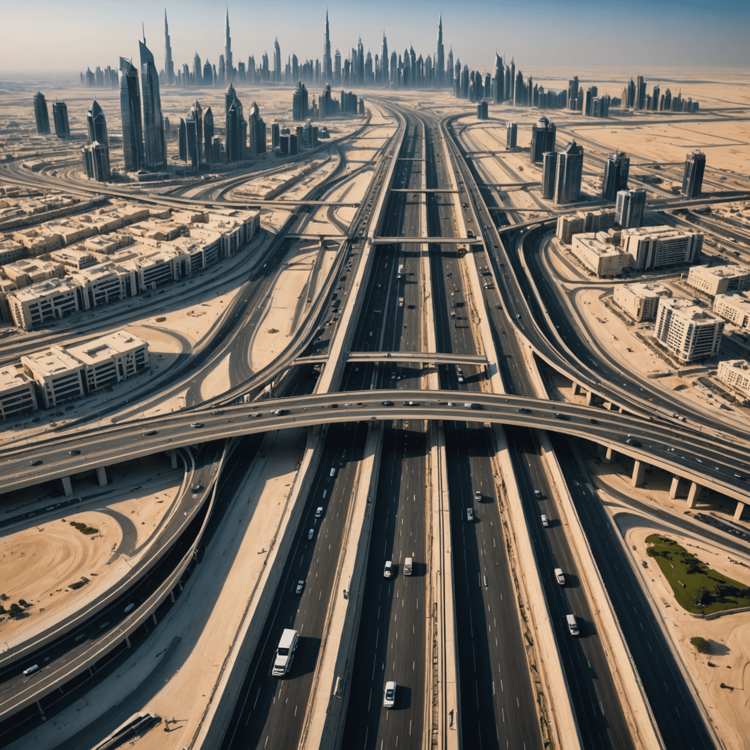 Aerial view of Dubai's highway system with Salik toll gates visible, showcasing the expansive road network and modern cityscape