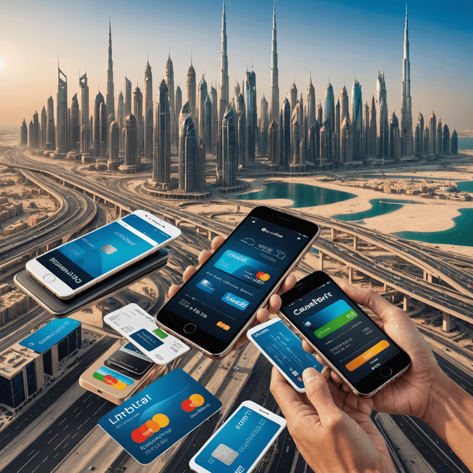 A collage showing various payment methods including mobile phones, credit cards, and digital wallets against a backdrop of Dubai's skyline and roads