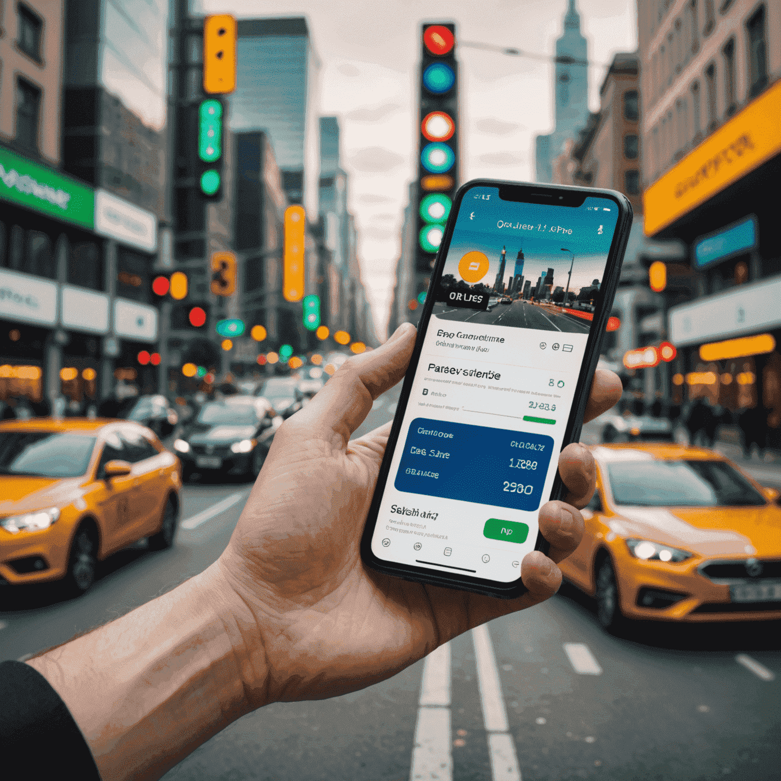 A hand holding a smartphone with a payment app open, showing a traffic fine being paid online. The background shows a blurred cityscape with traffic lights.