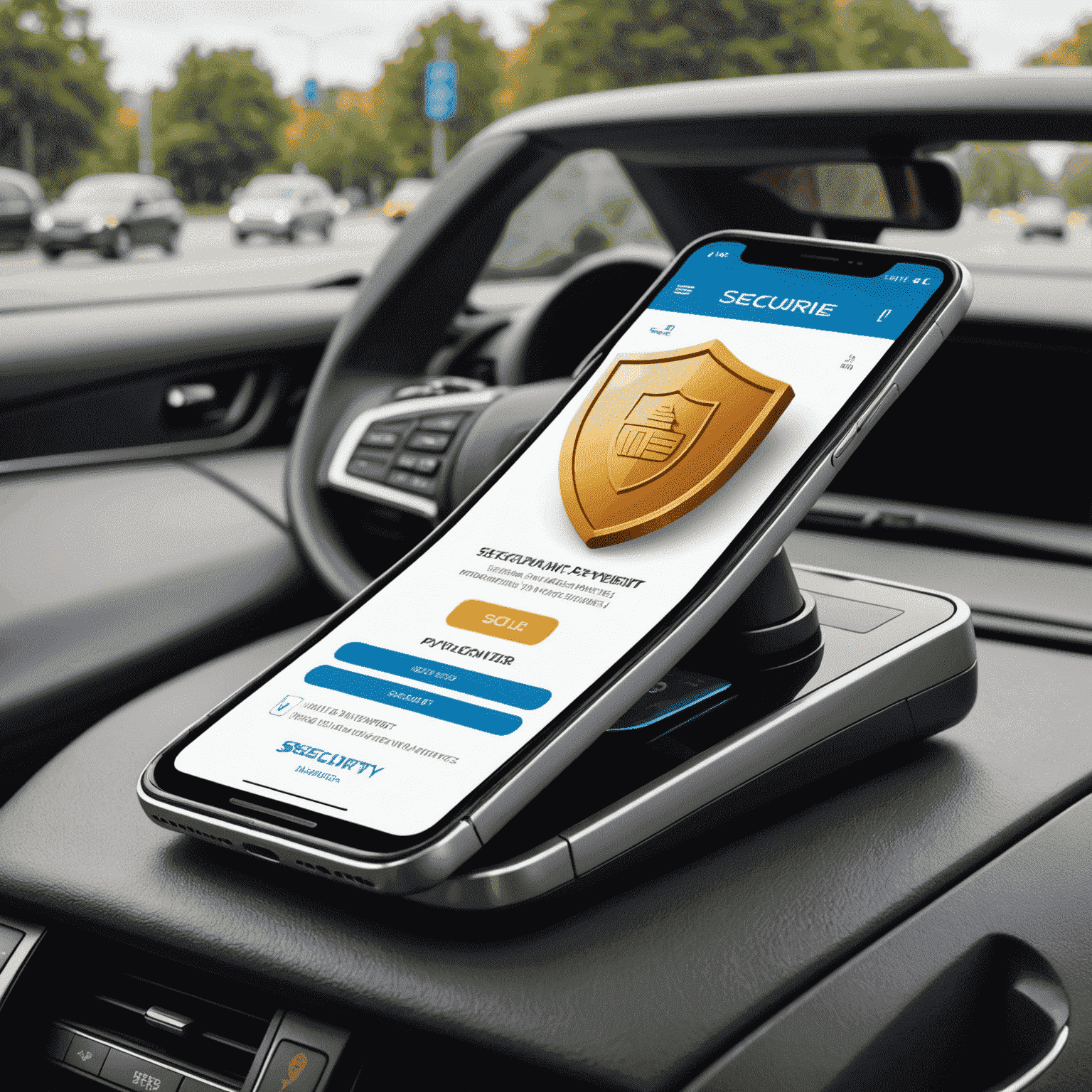 Illustration of a secure online payment system for traffic fines, showing a smartphone with a payment screen and a shield icon representing security