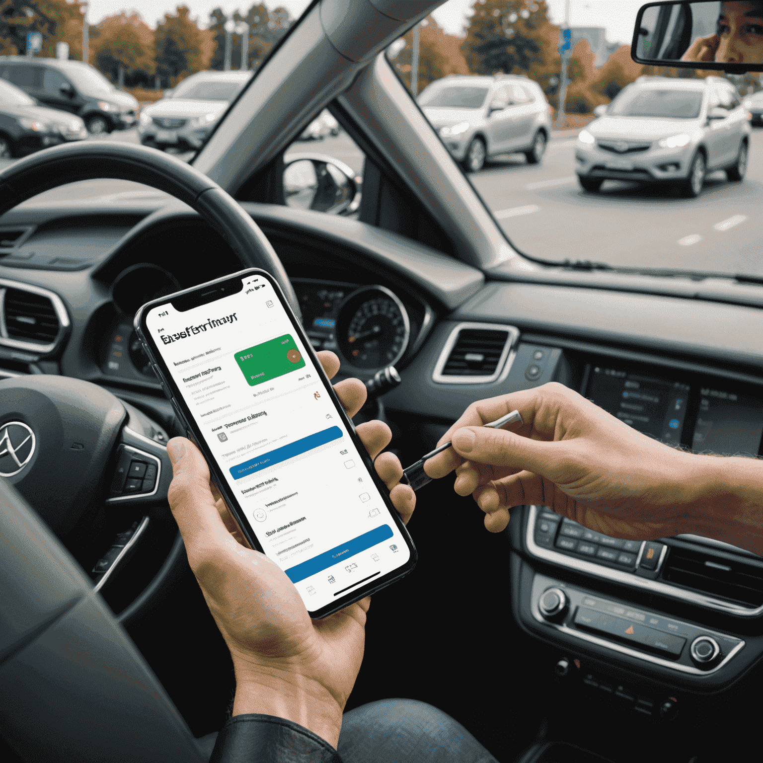 Infographic showing the fine inquiry process: A user entering vehicle details on a smartphone, viewing a list of fines, and making a payment. The image emphasizes the ease and convenience of the service.