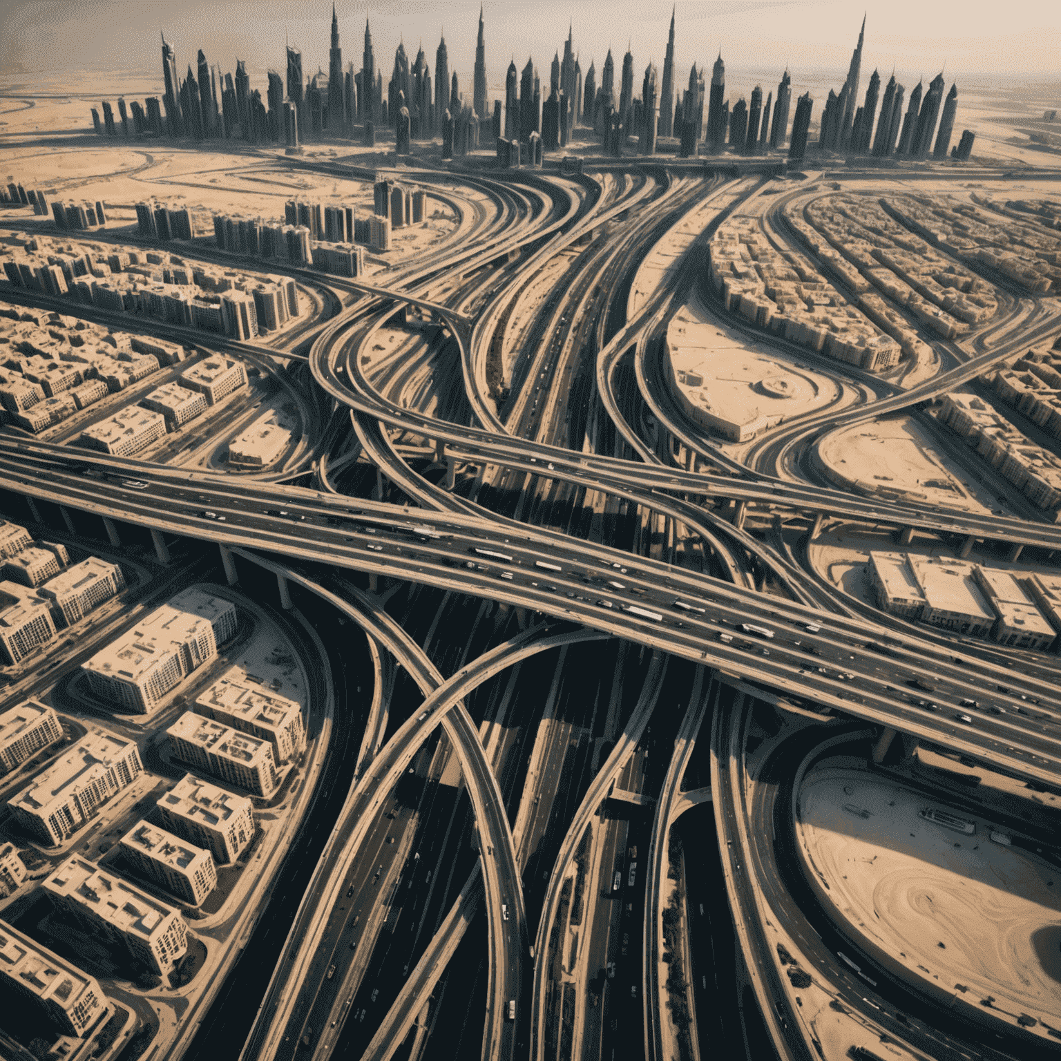 An aerial view of Dubai's intricate road network, showcasing multiple highways, interchanges, and Salik toll gates. The image highlights the modern infrastructure and the importance of the Salik system in managing traffic flow across the city.