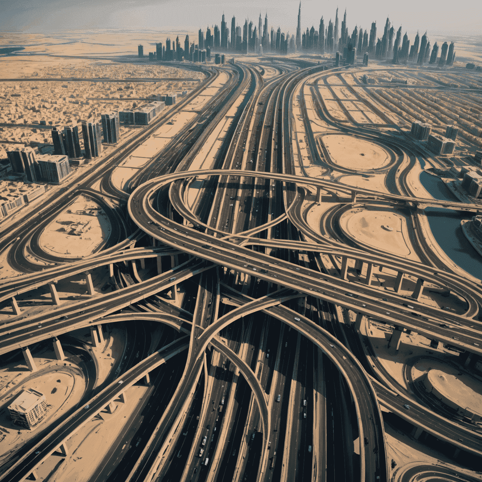 An aerial view of Dubai's highways with Salik toll gates highlighted, showing the expansion of the system across the city.