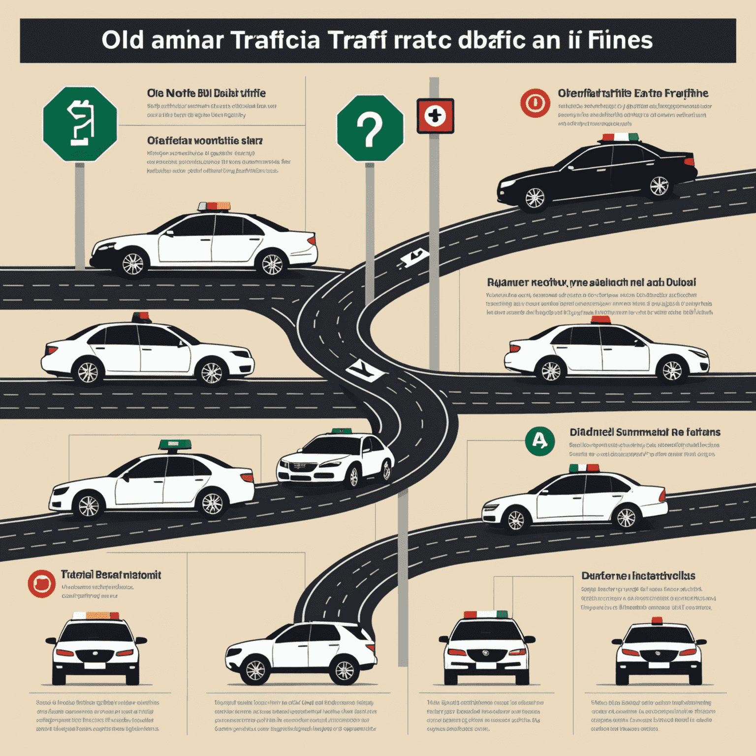 Infographic showing comparison of old and new traffic fines in Dubai, with icons representing different violations