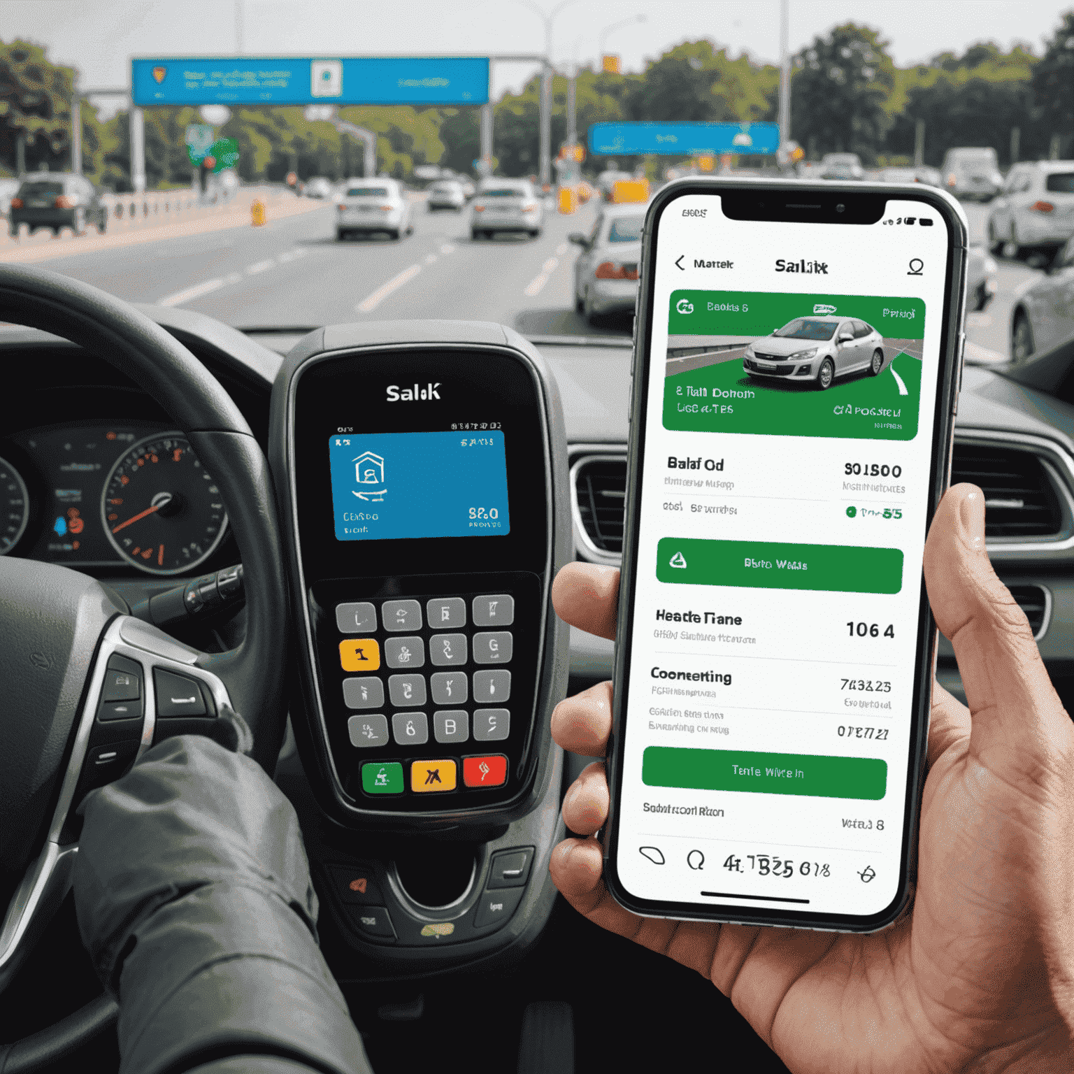 A digital wallet interface showing a Salik account being topped up. The image includes icons of toll gates and cars passing through them.