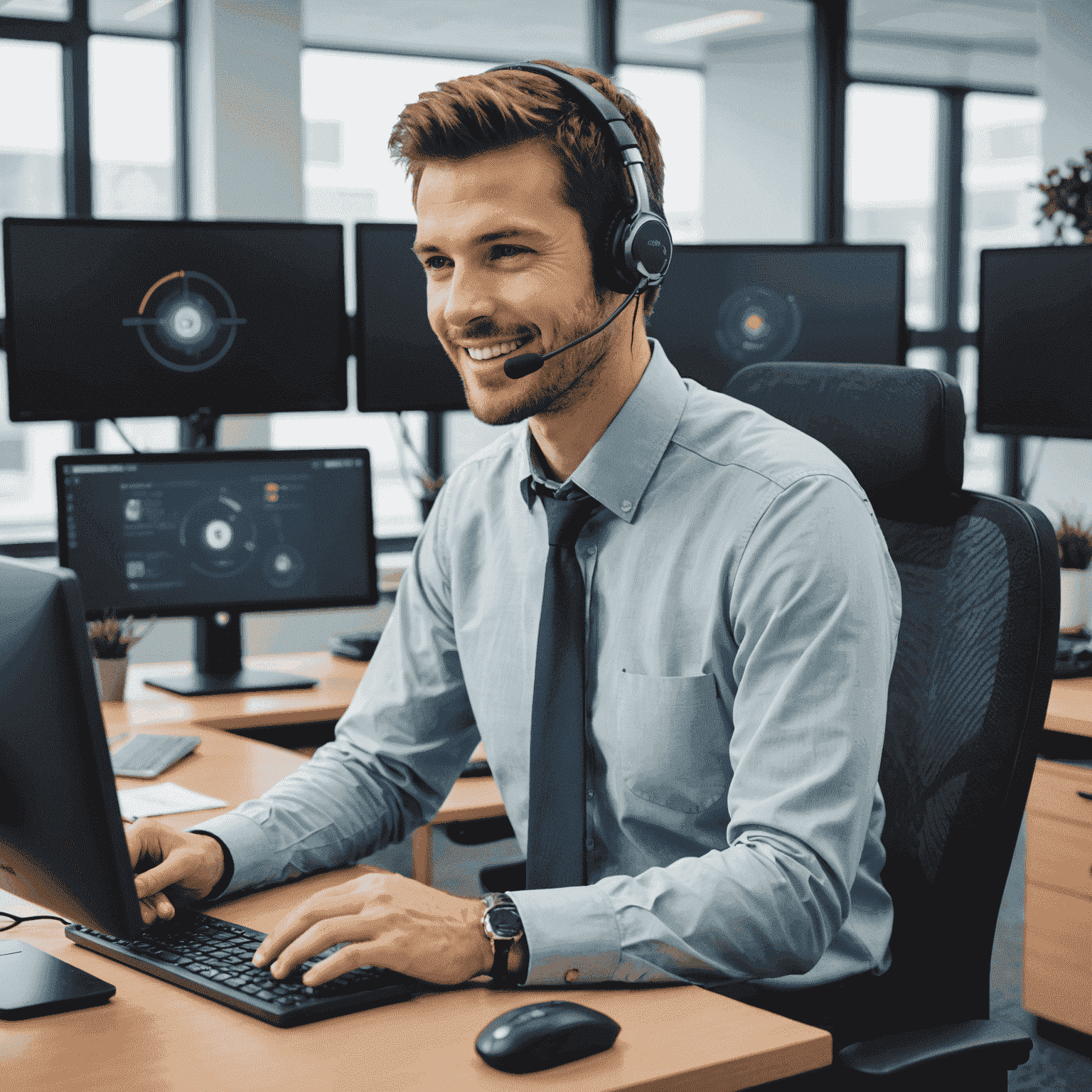 A friendly customer service representative wearing a headset, sitting at a desk with multiple screens showing various support tools and interfaces.